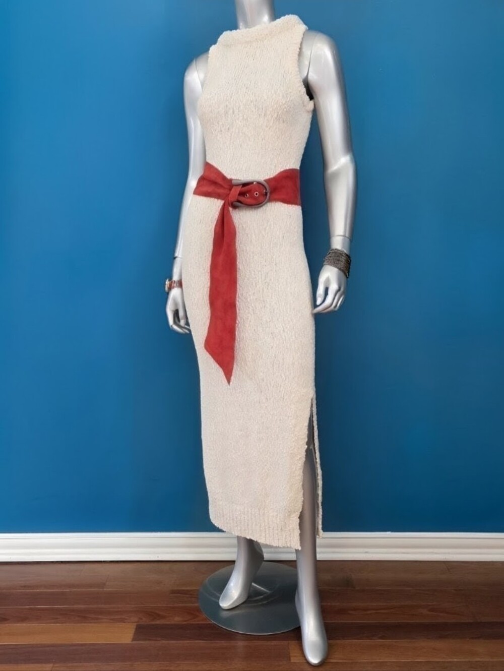 🆕️💃 ARRANGE Boucle Open Knit Racer Neckline Maxi Dress in Off White // (NWT)
